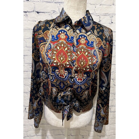 Rachel Zoe Women's Paisley Tie in Front Satin Blouse Bell Sleeve Indie 70s XS - Picture 1 of 8